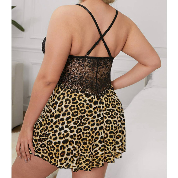 Plus 2X Sheer Black Lace Leopard Lingerie Nightie Chemise Slip Back Cross Straps - Picture 3 of 5